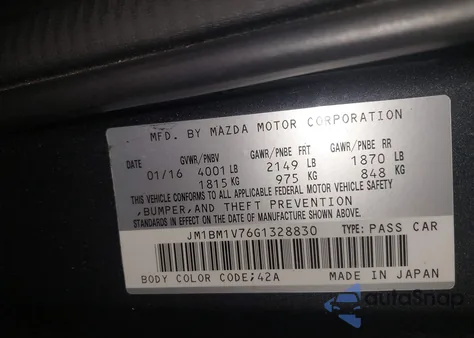 2016 Mazda 3 Touring from USA, damaged, VIN JM1BM1V76G1328830